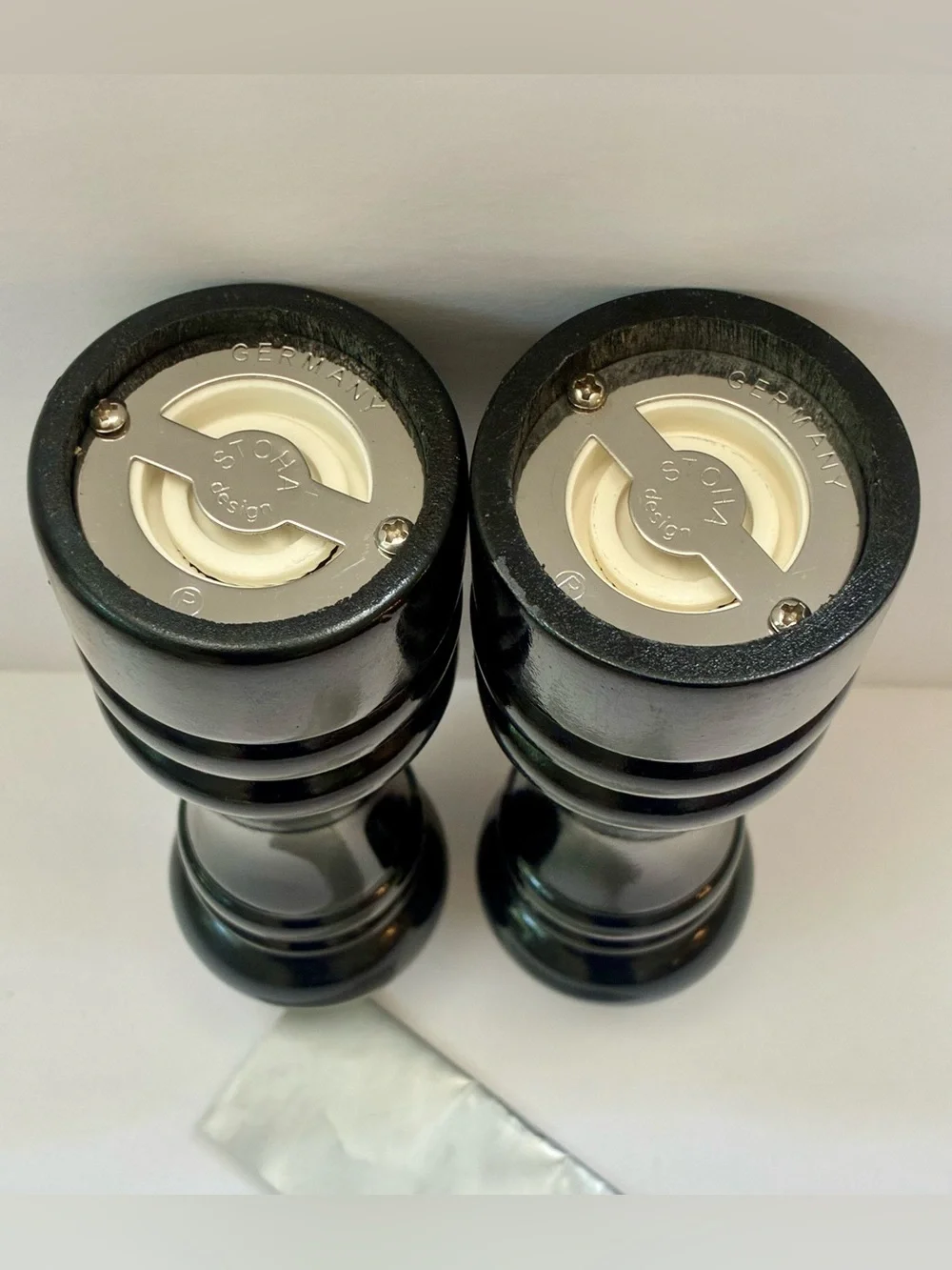 Vintage Stoha Design 7”.5 Black Wooden Salt & Peppermill Set Of 2 Germany New